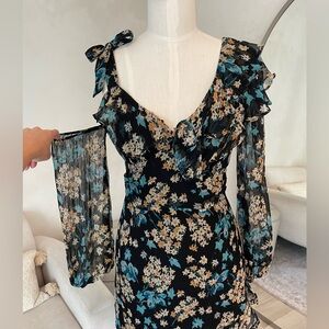 LA MAISON TALULAH BLACK FLORAL ASYMMETRICAL RUFFLE MIDI DRESS | Size S